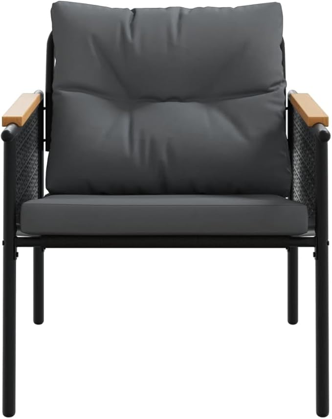 Set of 2 Outdoor Garden Chairs with Teak Wood Armrests, Modern Black Powder-Coated Metal Patio Seating, Comfortable Weather-Resistant Cushions, 29.1 L x 24.2 W x 27.6 H