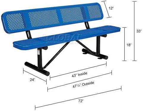 Global Industrial 6'L Heavy Duty Outdoor Steel Picnic Bench with Backrest, Perforated Metal, Portable Outdoor Bench, 1000 lbs Capacity, Blue, 72" L x 24" W x 33" H