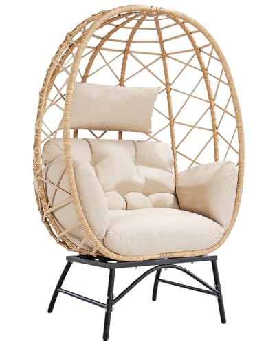 Outdoor Wicker Egg Chair with Cushion, Patio Lounge Chair, Beige Oversized Boho Rattan Sun Lounger, Comfy Reclining Lounge for Balcony, Porch, Backyard & Indoor Bedroom, 480 LBS Capacity