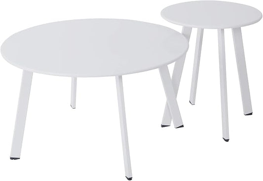 Patio Outdoor Coffee Table Set of 2 - Weather Resistant Outdoor Round End Table Modern Coffee Tables for Living Room Balcony Home Office (White)