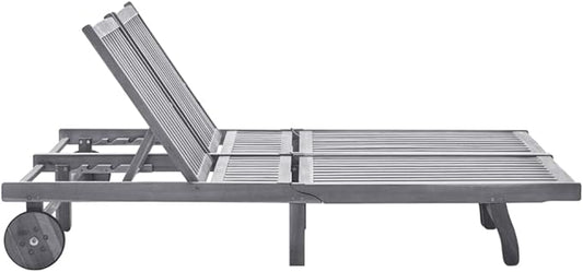 2-Person Acacia Wood Outdoor Chaise Lounge, 78.7 in Grey Patio Recliner with Wheels & Cushions, Adjustable Backrest, Lawn Sunbathing Chair for Garden Poolside Balcony