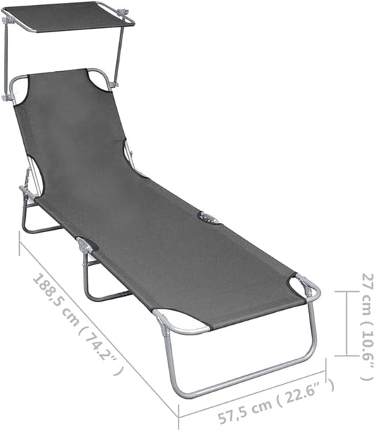 Folding Sun Lounger,Patio Chaise Lounge Chair,Outdoor Recliner Lounge Chair Sun Loungers, All Weather Chaise for Garden, Balcony, Pool with Canopy Grey Aluminum