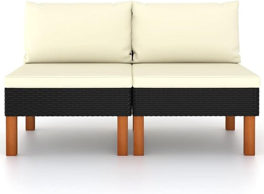 2-Piece Outdoor Sofa, 25.4x28.3x26.4 in, Black PE Rattan, Adjustable Armrest, All-Weather Cushions, Patio Balcony Garden