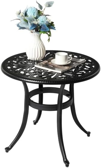 Patio Cast Aluminum Side Table with Umbrella Hole, Outdoor End Table Small Round Coffee Table for Backyard, Garden, Porch, Balcony, Pool Side, Indoor, Black