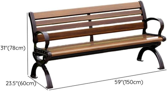 LITFAD Outdoor Bench Modern Park Bench with Corrosion Resistant Metal Frame, Dark Brown Wooden Seating with Backrest, Garden Bench for Patio, Lawn, Yard, Porch - Type G, 59" L x 23.5" W x 31" H