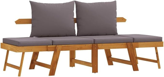 Solid Acacia Wood Garden Bench with Convertible 2-in-1 Design and Weather-Resistant Cushions, Dark Grey Finish for Outdoor Patio and Terrace Seating