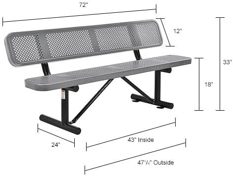 Global Industrial 6'L Heavy Duty Outdoor Steel Picnic Bench with Backrest, Perforated Metal, Portable Outdoor Bench, 1000 lbs Capacity, Gray, 72" L x 24" W x 33" H
