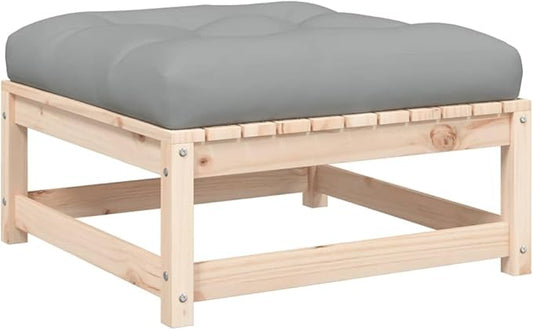 Grey Rustic Square Patio Ottoman, Solid Pine Wood Outdoor Footstool 10.9x10.9x4.6 in with Thick Cushion, Versatile Coffee Table for Balcony, Garden & Porch