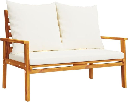2-Seat Outdoor Sectional Sofa in Solid Acacia Wood, Cream Loveseat 47.2 x 26.8 x 31.9 in, Oiled Finish, Plush Zippered Cushions for Patio, Garden, Balcony and Backyard