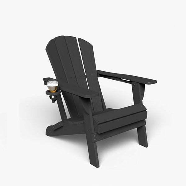 Folding Adirondack Chair with Cup Holders, HDPE Plastic Outdoor Chairs, Weather Resistant, Real Wood Look for Patio - Photo 1