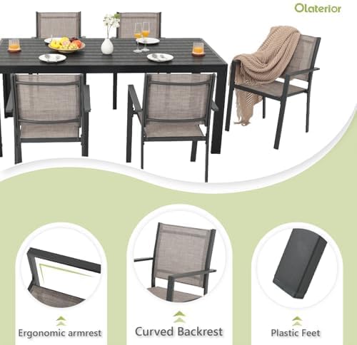 Patio Dining Chairs Set of 6, All-Weather High-Resilience Textilene Outdoor Dining Chair, Heavy-Duty Stackable Minimalist Outdoor Chairs with Armrest, Patio Chairs for Lawn Deck Pool, Brown