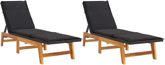 Sun Loungers with Cushions 2 pcs Poly Rattan and Solid Wood Acacia, Patio Loungers, Relaxation Chairs, Pool Loungers, Seats for Poolside, Patio, and Garden Lounging