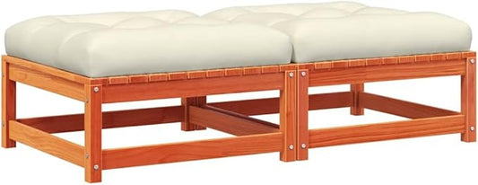 Rustic Outdoor Garden Footstool Set with Wax Brown Finish and Cream Cushions, Solid Pine Wood Construction, Removable Weatherproof Cushions for Patio, Balcony, Terrace,