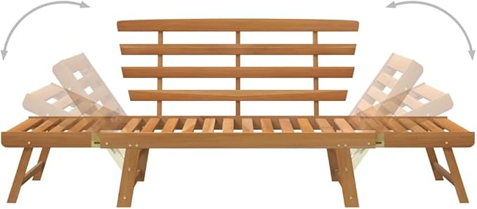Brown Solid Acacia Wood Large Garden Bench 2-in-1 Convertible Outdoor Daybed with Adjustable Armrests for Patio Balcony Comfortable Seating Relaxation