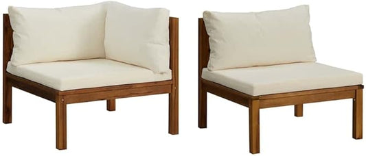 Outdoor Sectional Corner Sofa in Cream White, 27.2 x 27.2 x 24.6 in Solid Acacia Wood Couch Set for Balcony, Patio or Garden Seating