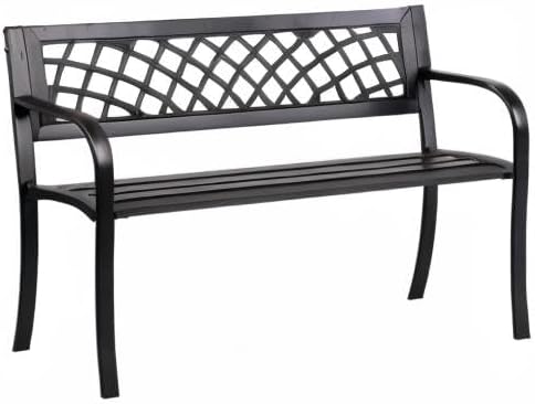 Garden Bench Patio Bench Outdoor Park Bench Metal Outside Porch Chair Seat Cast Iron Steel Frame Sturdy Bench Patio Furniture for Yard Porch Entryway Lawn Decor Deck, Black, 46 in