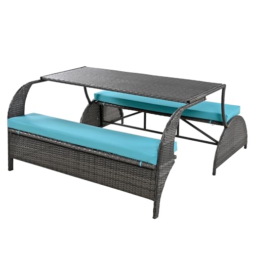 2 in 1 Convertible Picnic Upholstered Bench Table,57.1" Outdoor Loveseat,Portable Picnic Table Couch,Convertible to 4 Seats1 Table,for Garden,Lawn,Backyard,Porch,Patio