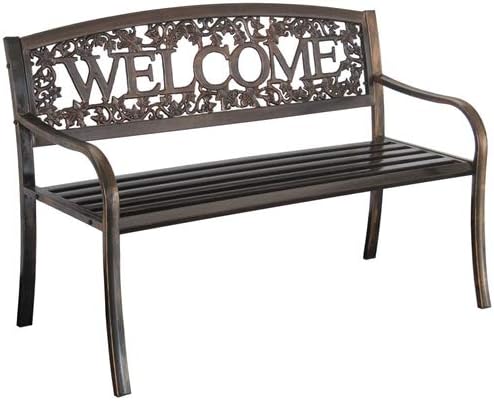 Outdoor Weather Resistant Metal Garden Bench with Welcome Floral Back