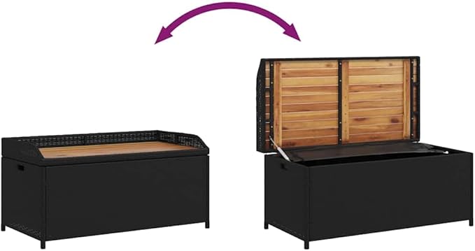 Outdoor Storage Bench 39.4" Acacia Wood Top UV-Resistant Rattan Seat 242.5 lb Capacity Black Modern Patio Bench for Garden Balcony Porch