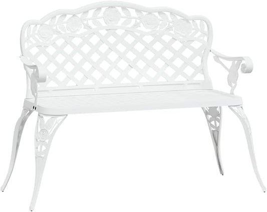42.5 inch White Garden Bench, Cast Aluminum Outdoor Patio Seating, Floral Pattern Metal Bench for Porch, Backyard, Park, 2-Seater Park Bench