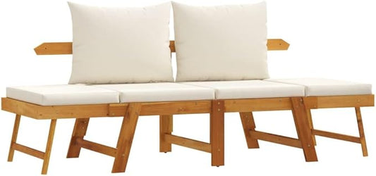 2-in-1 Adjustable Garden Bench in Cream White, Solid Acacia Wood Convertible Design with Breathable Seating and Comfortable Cushions, Durable Outdoor Furniture for Patio