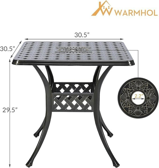 Outdoor Cast Aluminum Patio Table, 30.5” Square Bistro Table with 2.2” Umbrella Hole for Patio Garden Deck Backyard