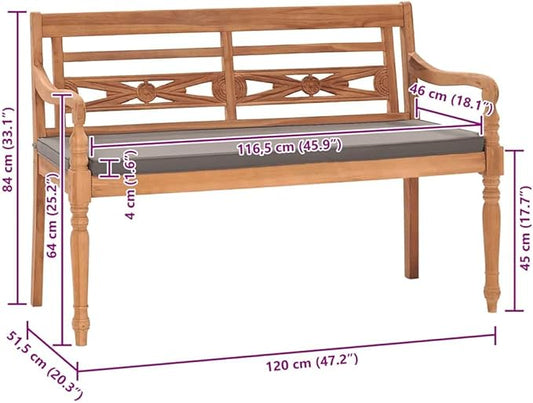 Outdoor Bench with Dark Grey Cushion, Solid Teak Wood Construction, 47.2 Inch Rustic Batavia Style for Patio Garden Balcony, Durable Weather Resistant Seating Furniture