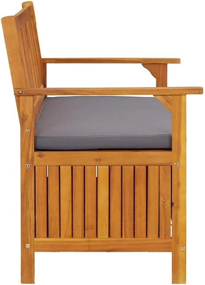 BOWERY HILL Solid Acacia Wood Storage Bench, 47.2 x 24.8 x 33.1 in, Natural Wood Finish, Dark Grey Cushion, Rectangular Outdoor/Indoor Seating and Storage for Garden, Hallway, or Balcony Use