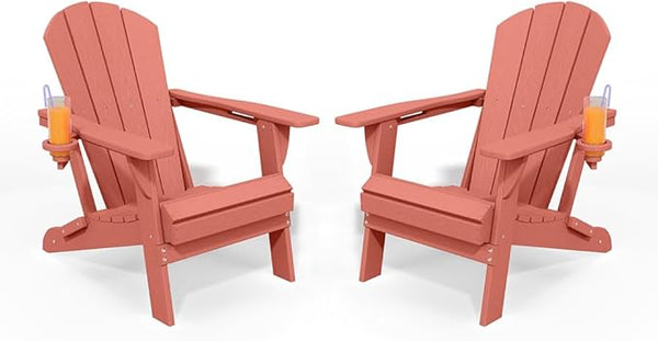 Folding Adirondack Chair with Cup Holders Set of 2, HDPE Plastic Outdoor Chairs, Weather Resistant - Photo 1