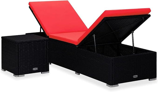 Sun Lounger with Cushion and Tea Table Poly Rattan Red Beach Chair Patio Chaise Lounge for Yard Balcony