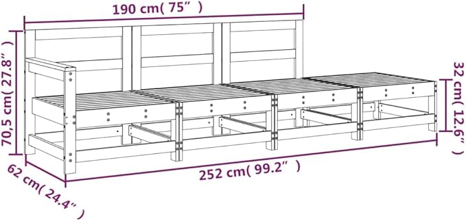 Rustic Modular Garden Outdoor Sectional Sofa Solid Pine Wood 25.9x24.4x27.8 in Brown Patio Lounge Set for Balcony Deck Backyard Seating