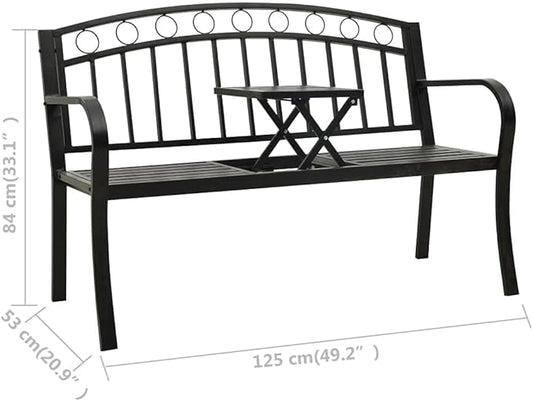 Garden Bench Outdoor Bench Patio Bench Cushions for Outdoor, Park, Yard, Entryway, Iron Metal Frame Furniture, with Folding Table 49.2" Steel Black-Fast delivchy