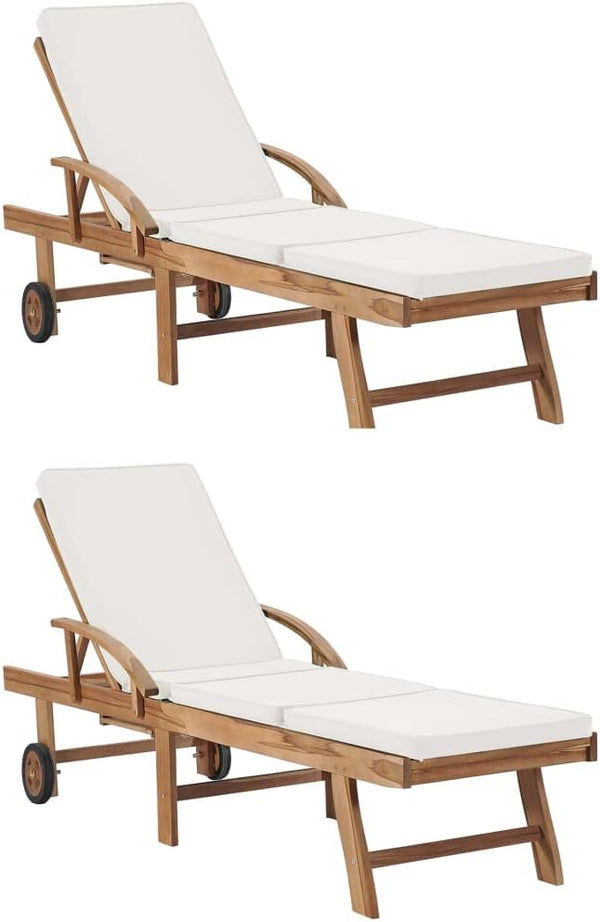 Sun Loungers with Cushions 2 pcs Solid Teak Wood Cream Patio Chairs Outdoor Furniture Outdoor Chairs Suitable for - Photo 1