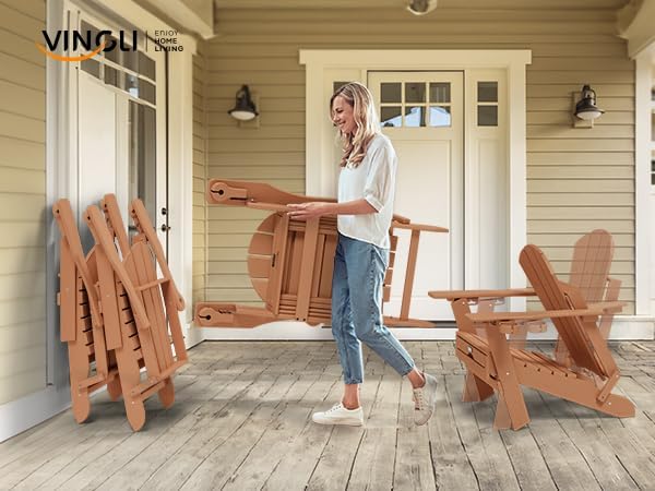 VINGLI Back-Adjustable Plastic Folding Adirondack Chairs Set of 4 with Retractable Footrest & 2-in-1 Cup Holders, Waterproof HDPE Outdoor Fire Pit Chairs for Patio, Pool, Capacity 400 LBS, Teak