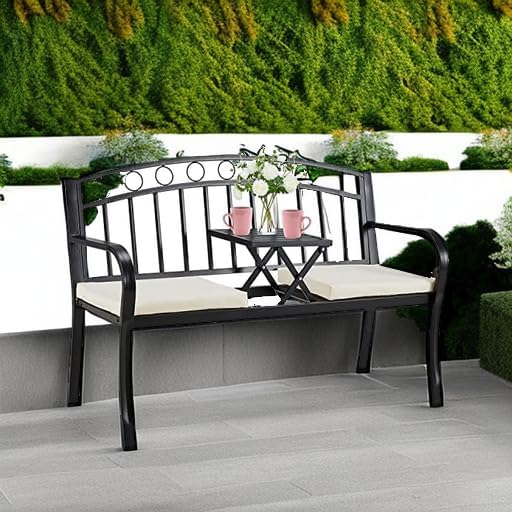 AVAWING Outdoor Metal Garden Bench, 2-Seat Patio Porch Bench with Steel Frame, Park Bench w/Pullout Middle Table& Cushion for Backyard Lawn Deck Entryway, Black