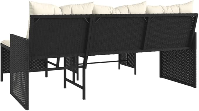 vidaXL Patio Sofa Set - L-Shaped Black Poly Rattan, Powder-Coated Steel Frame with Cream Cushions, Tempered Glass Coffee Table for Garden/Deck