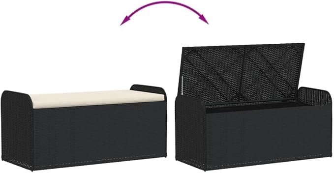 vidaXL Black Poly Rattan Storage Bench with Cream White Cushion - Weather- Outdoor/Patio/Garden Seating Furniture with Spacious Storage