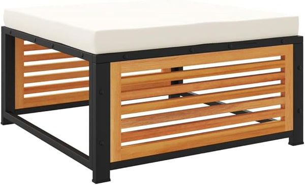 Garden Stool Cream White Solid Acacia Wood with Powder-Coated Steel Frame and Removable Cushion - Photo 1