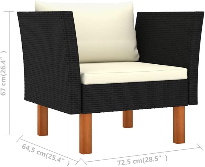 Outdoor Patio Sofa 25.4x28.5x26.4 in, Black PE Rattan, Removable Cushions, Steel Frame, Eucalyptus Legs, Garden Lounge Chair