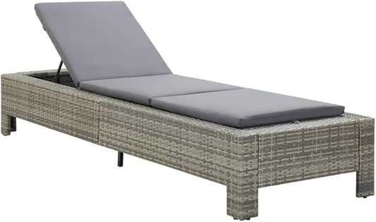 Adjustable Sun Lounger with Cushion, Grey PE Rattan Outdoor Chaise Lounge for Pool Patio Garden, Weather-Resistant Powder Coated Steel Frame, 265 lbs Capacity