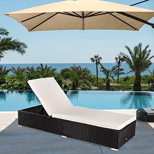 VINGLI Adjustable Wicker Patio Chaise Lounge Outdoor, Rattan Outdoor Lounge Chair, All Weather Patio Chaise Lounge with Adjustable Backrest and Soft Cushions Wicker Daybed (Black)