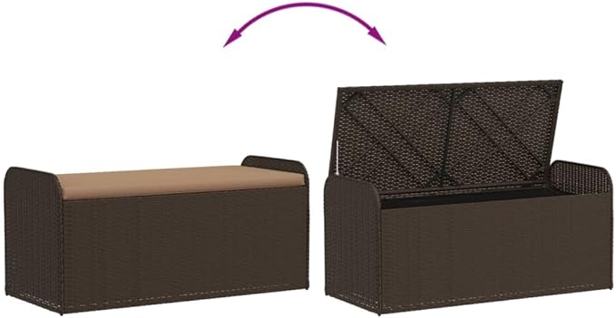 vidaXL Outdoor Garden Furniture-Brown Poly Rattan Storage Bench with Cushion, Weather-, Comfortable Seating for Patio/Garden