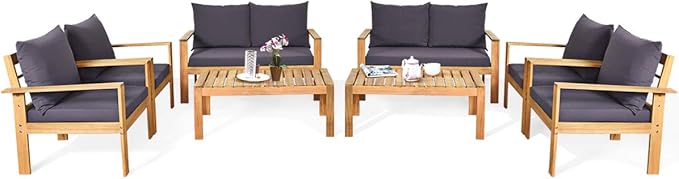 COSTWAY 8 Pieces Outdoor Acacia Wood Sofa Set, Outdoor Conversation Sofa Set with Table & Cushions Porch Chairs for Garden, Patio, Deck