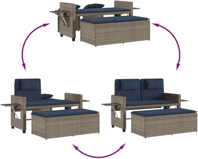 Garden Bench Grey PE Rattan Medium Adjustable Armrests Patio Bench Yard for Outdoor Lawn
