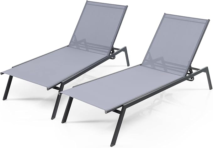Tangkula Outdoor Adjustable Chaise Lounge Chair Set of 2, Patio 6-Position Recliner with Lay Flat Position and Quick-Drying Fabric, Outdoor Chaise Lounge for Poolside, Backyard (2, Grey, Large)