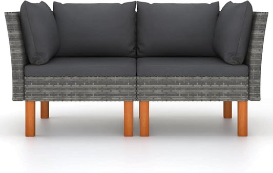 Modular Grey Outdoor Sofa Set, 25.4x25.4x26.4 in Poly Rattan Patio Sectional with Eucalyptus Legs, Versatile Balcony Couch for Garden, Terrace, Poolside