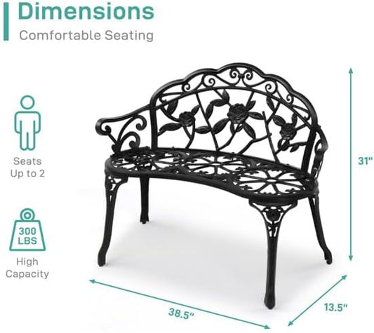 Patio Outdoor Park Loveseat Bench for Garden Porch Deck Made Cast Iron Anti-Rust Aluminum Metal, 2-3 Seater (38.5" Cast Aluminum Outdoor Rose Black Bench)