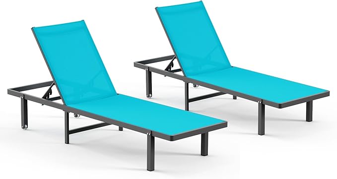 Aluminum Outdoor Lounge Chairs Set of 2, Pool Lounge Chairs with Wheels and 5-Position Recliner -Easy to Move- Patio Chaise Lounge Outdoor for Poolside, Deck, Beach (Lakeblue)