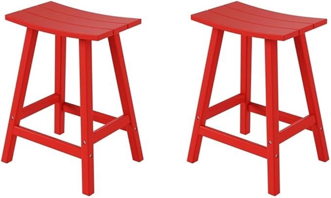 Costaelm All-Weather Bar Stools Set of 2, 24" Height Outdoor Bar Stools, Adirondack Poly Patio Bar Stool for Patio, Deck, Kitchen Counter and Garden, Red