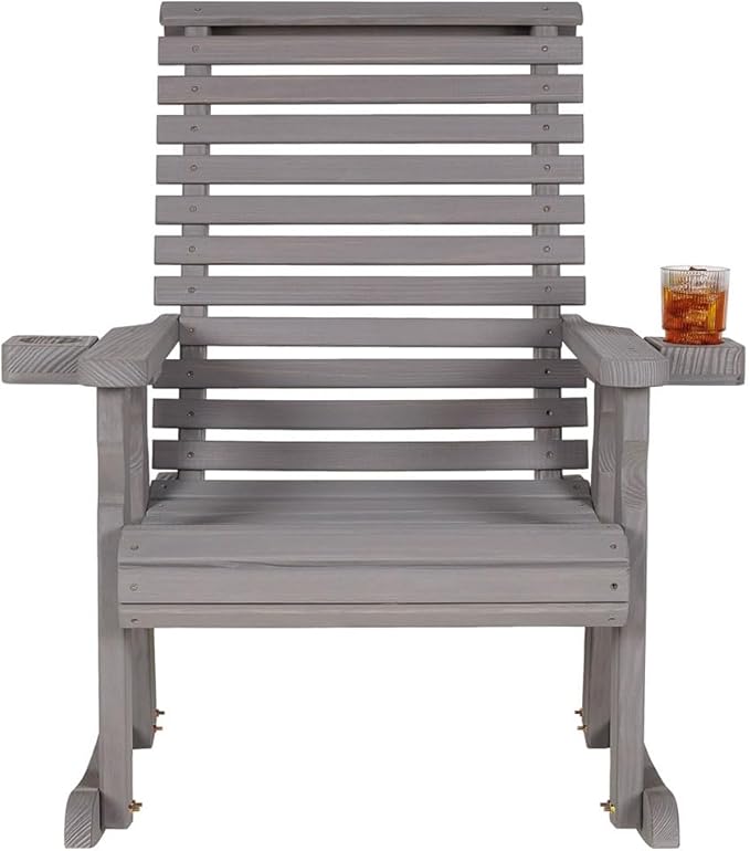 Amish Casual Heavy Duty 600 Lb Roll Back Pressure Treated Rocking Chair with Cupholders (Semi-Solid Grey Stain)